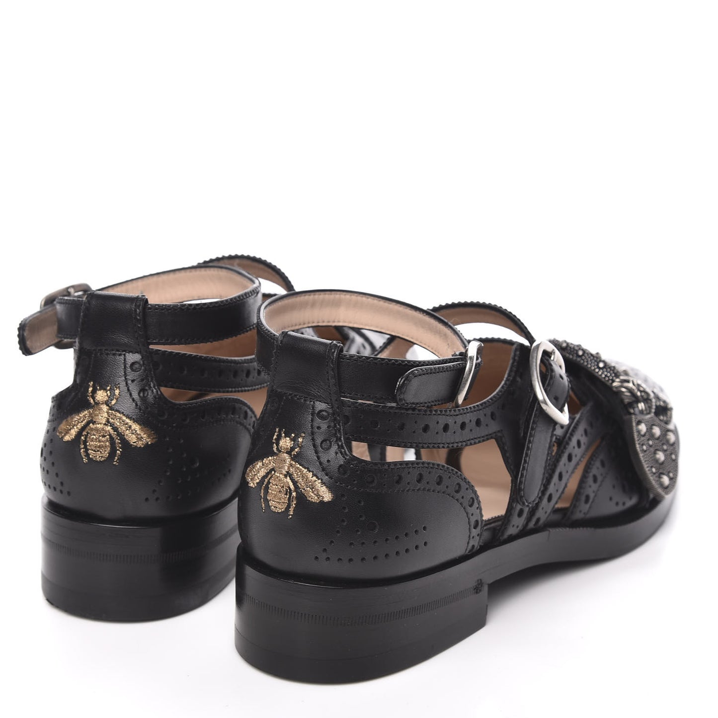 Calfskin Bee Embroidered Womens Queercore Brogue Wingtip Monk Strap Loafers 37 Black