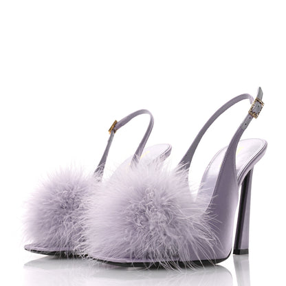 Saint Laurent Crepe Satin Mae Feathered Sandals Slight 37.5 Poly Grey 4 of 9