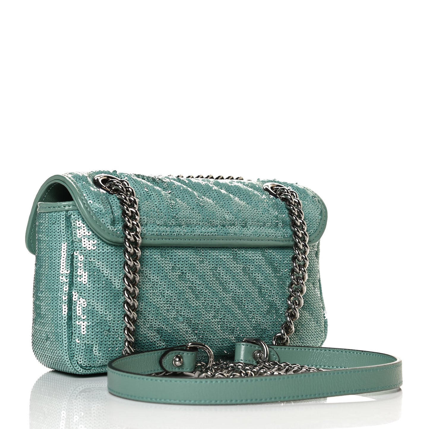 Sequin Matelasse Diagonal Mini GG Marmont Shoulder Bag Water Green Verde Chiaro Light Water Green