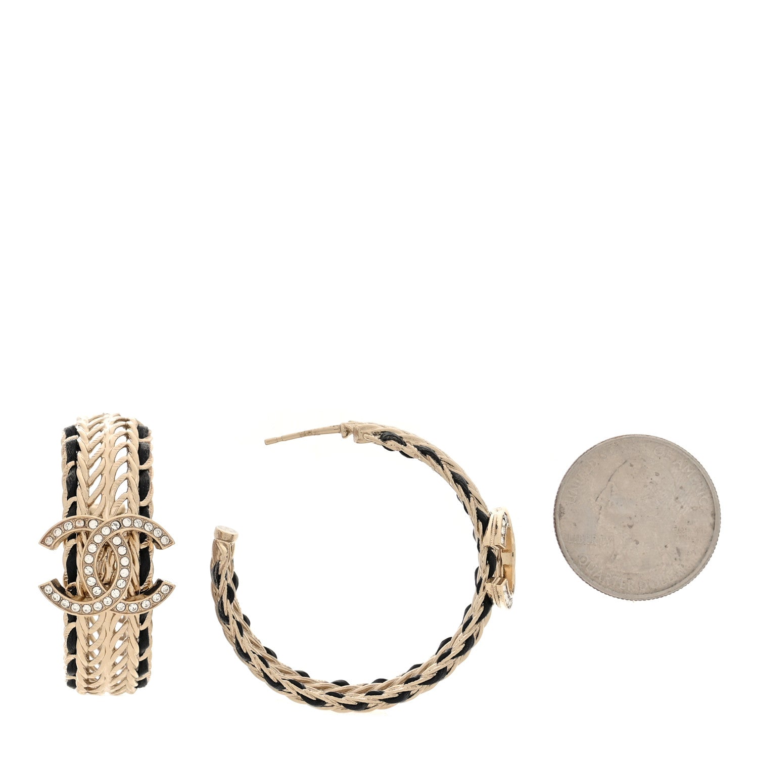 Chanel Crystal Lambskin CC Chain Hoop Earrings Gold Black 2 of 5