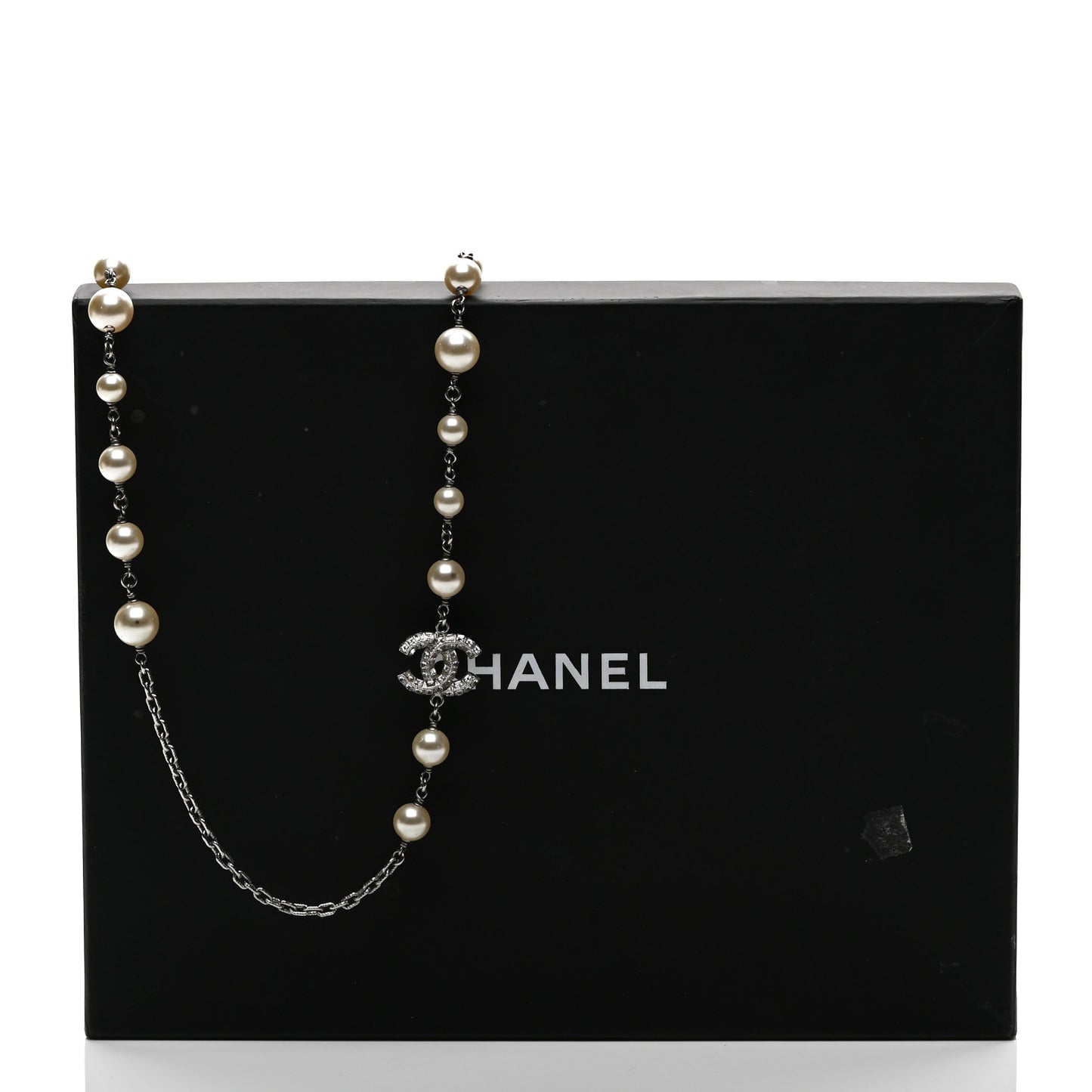 Graduated Pearl Crystal CC Long Necklace Silver
