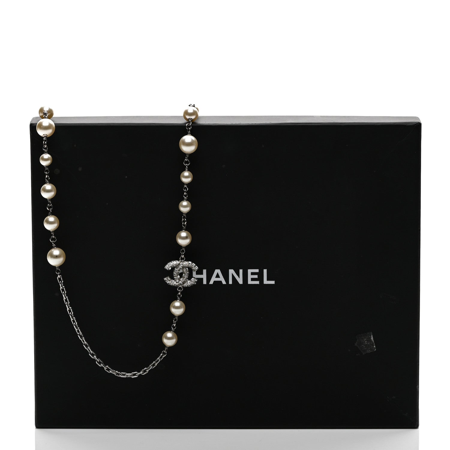 Chanel Graduated Pearl Crystal CC Long Necklace Silver 5 of 5