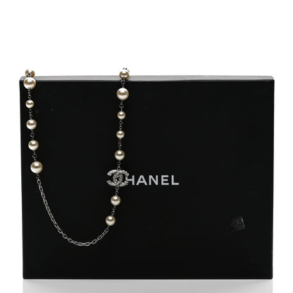 Chanel Graduated Pearl Crystal CC Long Necklace Silver 5 of 5