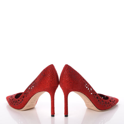 Jimmy Choo Suede Crystal Perforated Romy 100 Pumps 38 Red 5 of 17