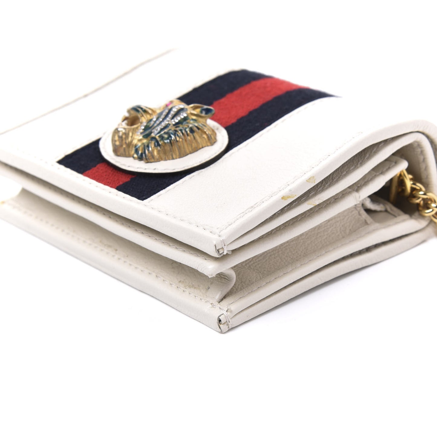Calfskin Web Rajah Chain Card Case Wallet White