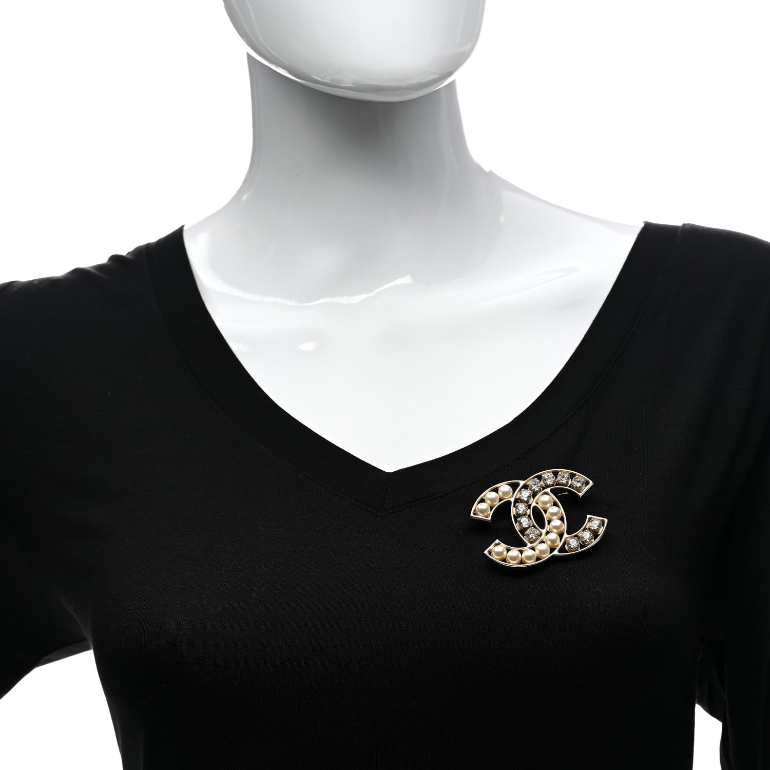 Chanel Pearl Crystal CC Brooch Gold Pearly White 2 of 4