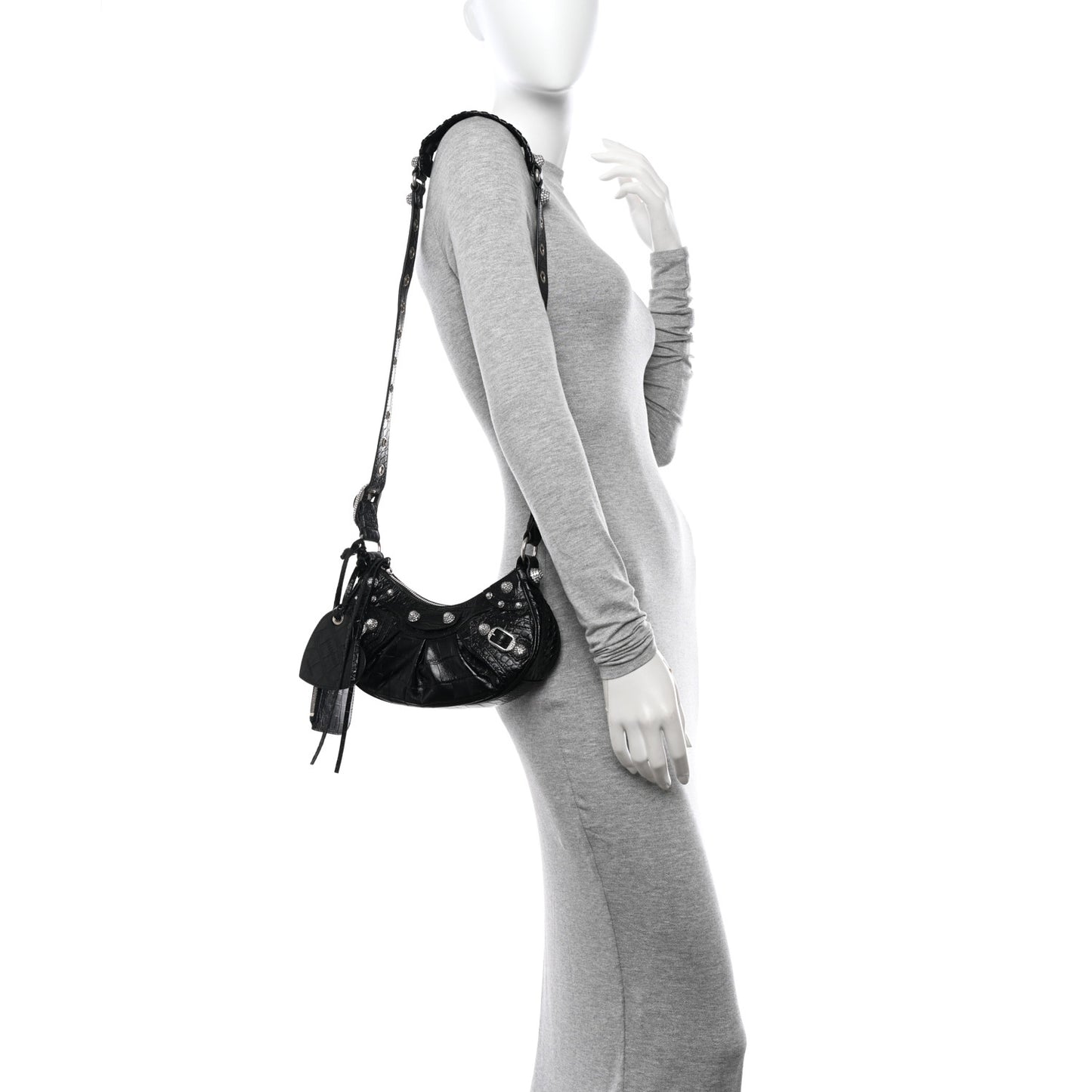 Extra Supple Calfskin Crystal Crocodile Embossed Le Cagole Shoulder Bag XS Black