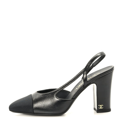 Chanel Goatskin Grosgrain Cap Toe CC Slingback Sandals 37 Black 1 of 9
