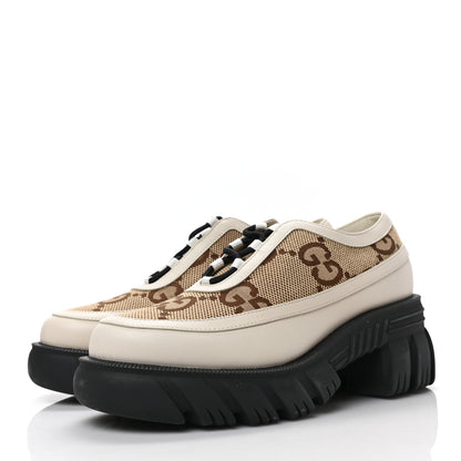 Gucci Quebec Calfskin Monogram Jumbo GG Lace Up Platform Loafers 39.5 Mystic White Camel Ebony 3 of 7
