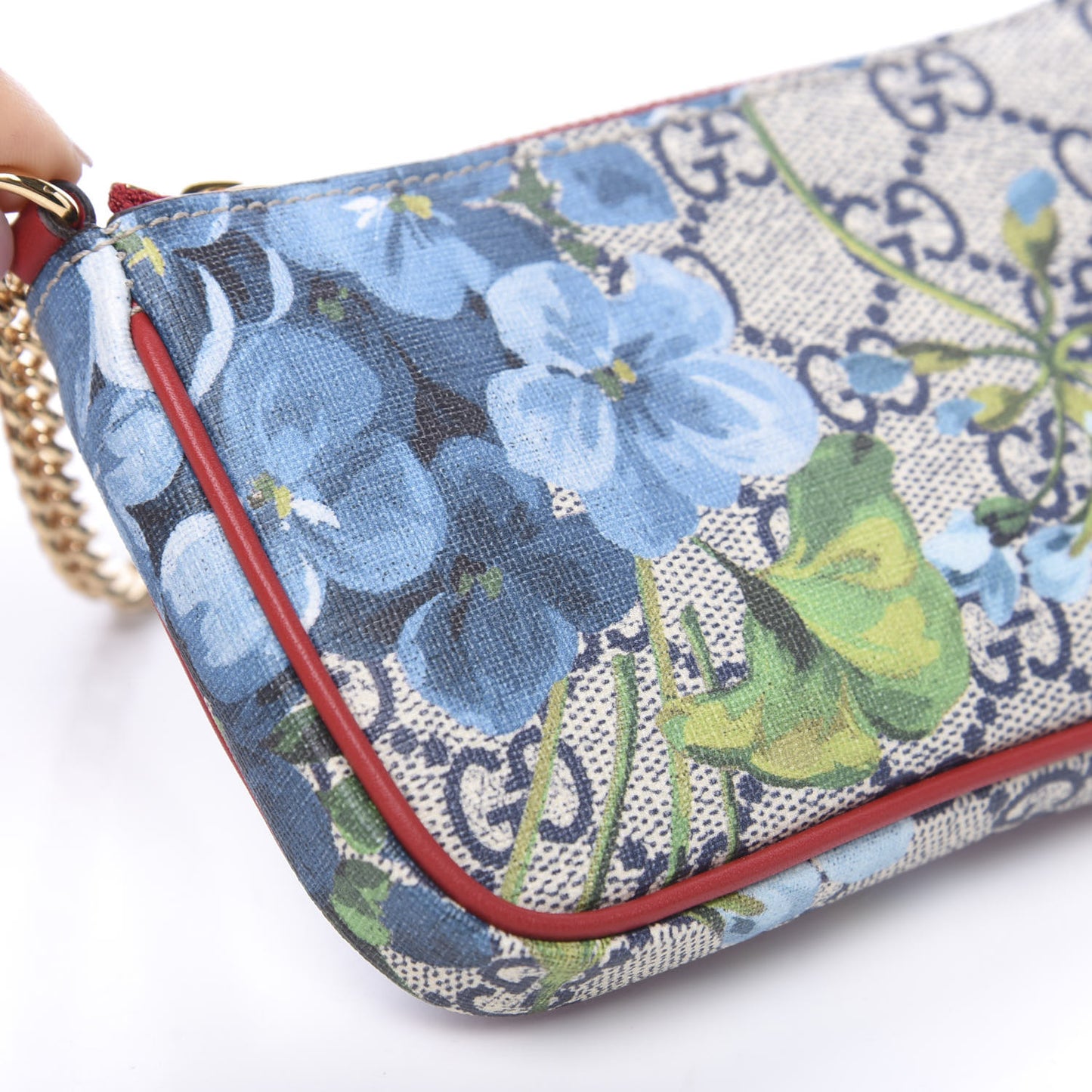 GG Supreme Monogram Blooms Mini Chain Bag Beige Blue Navy Hibiscus Red