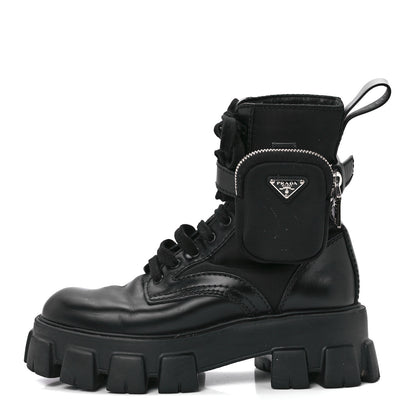 Prada Spazzolato Rois Re-Nylon Metal Triangle Logo Mens Monolith Pouch Pocket 60mm Combat Boots 6 Black 1 of 9