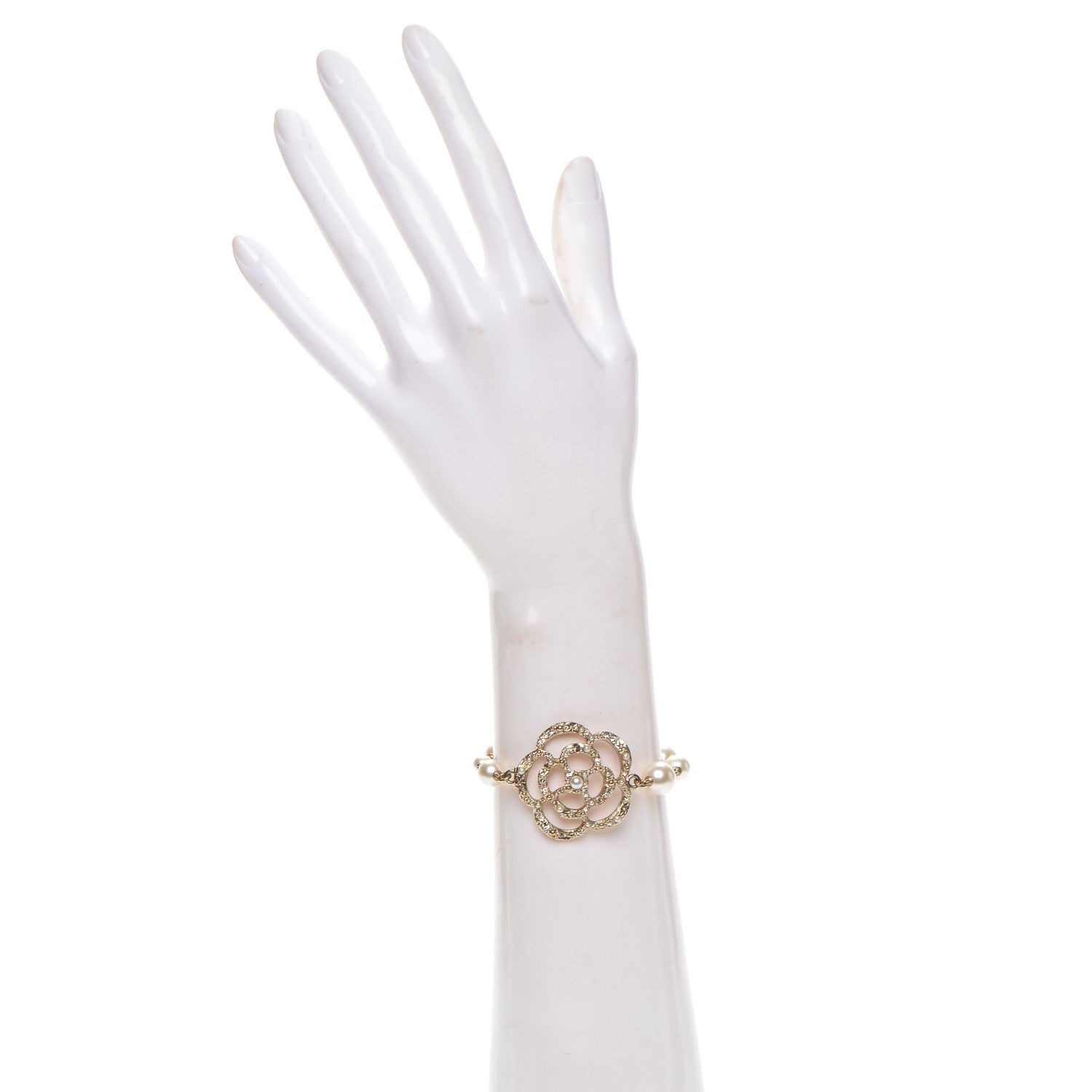 Chanel Swarovski Crystal Camellia Pearl CC Bracelet Gold 2 of 6