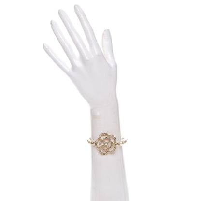 Chanel Swarovski Crystal Camellia Pearl CC Bracelet Gold 2 of 6
