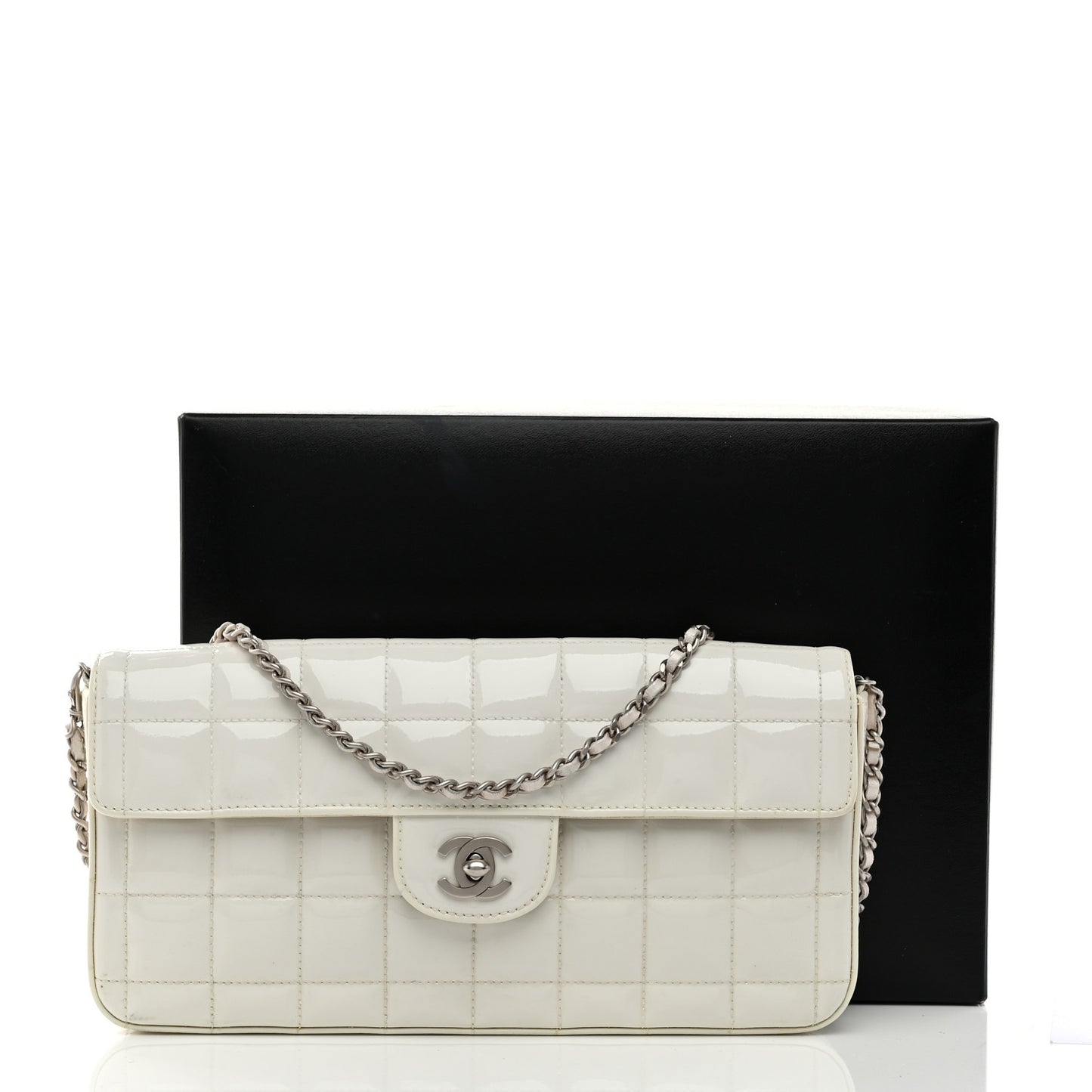 Patent Quilted East West Chocolate Bar Flap White