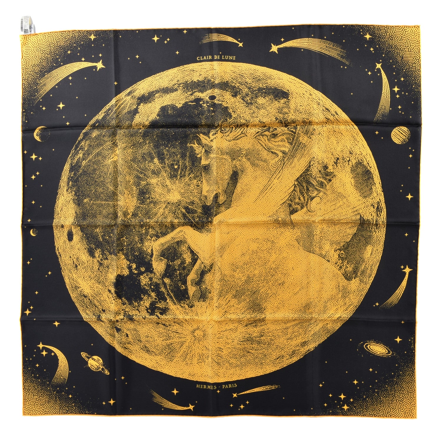 Hermes ERMES Silk Clair De Lune Double Face Scarf 90 Black Jaune D'Or Bleu 1 of 5