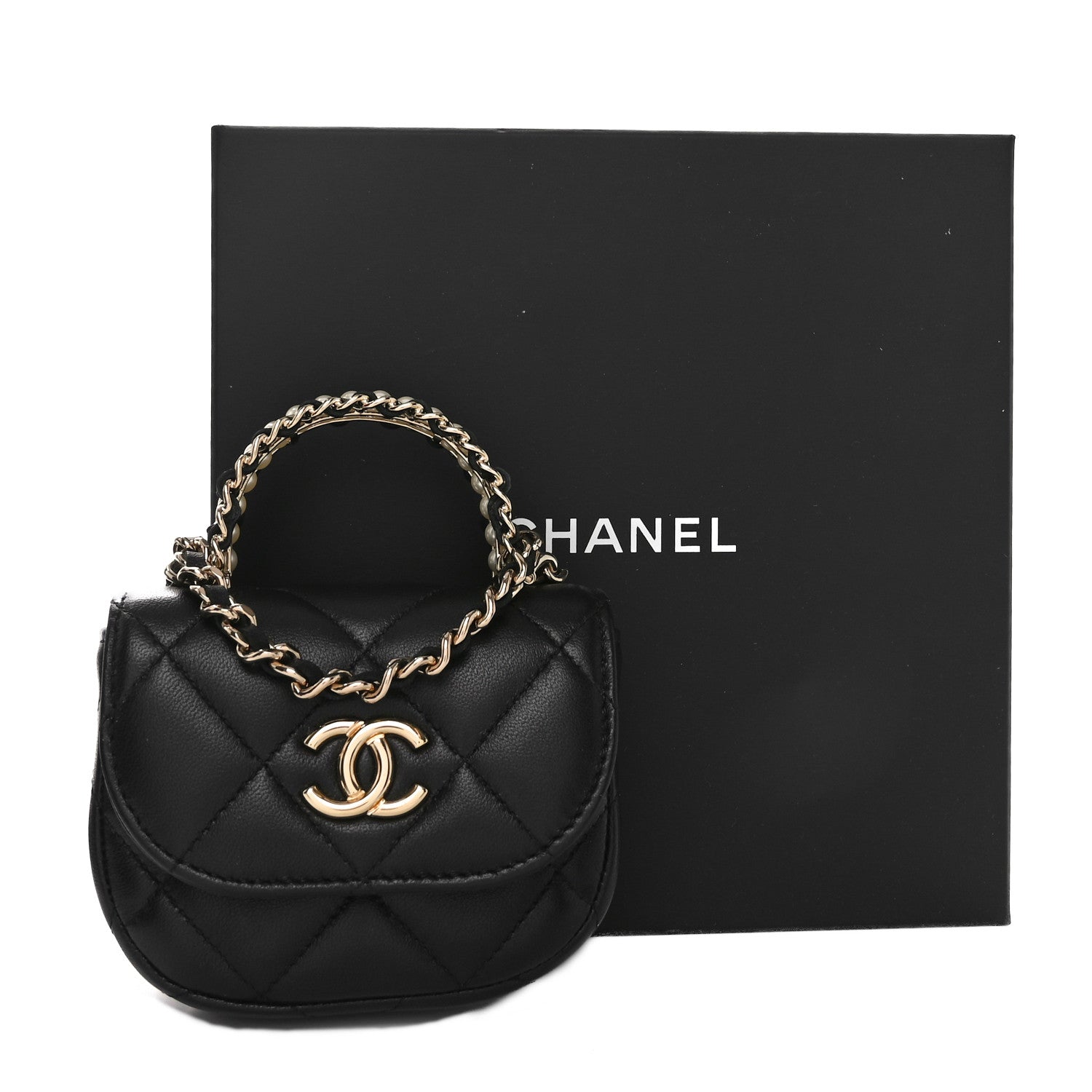 Chanel Lambskin Quilted Pearl Top Handle Clutch With Chain Black 13 of 13