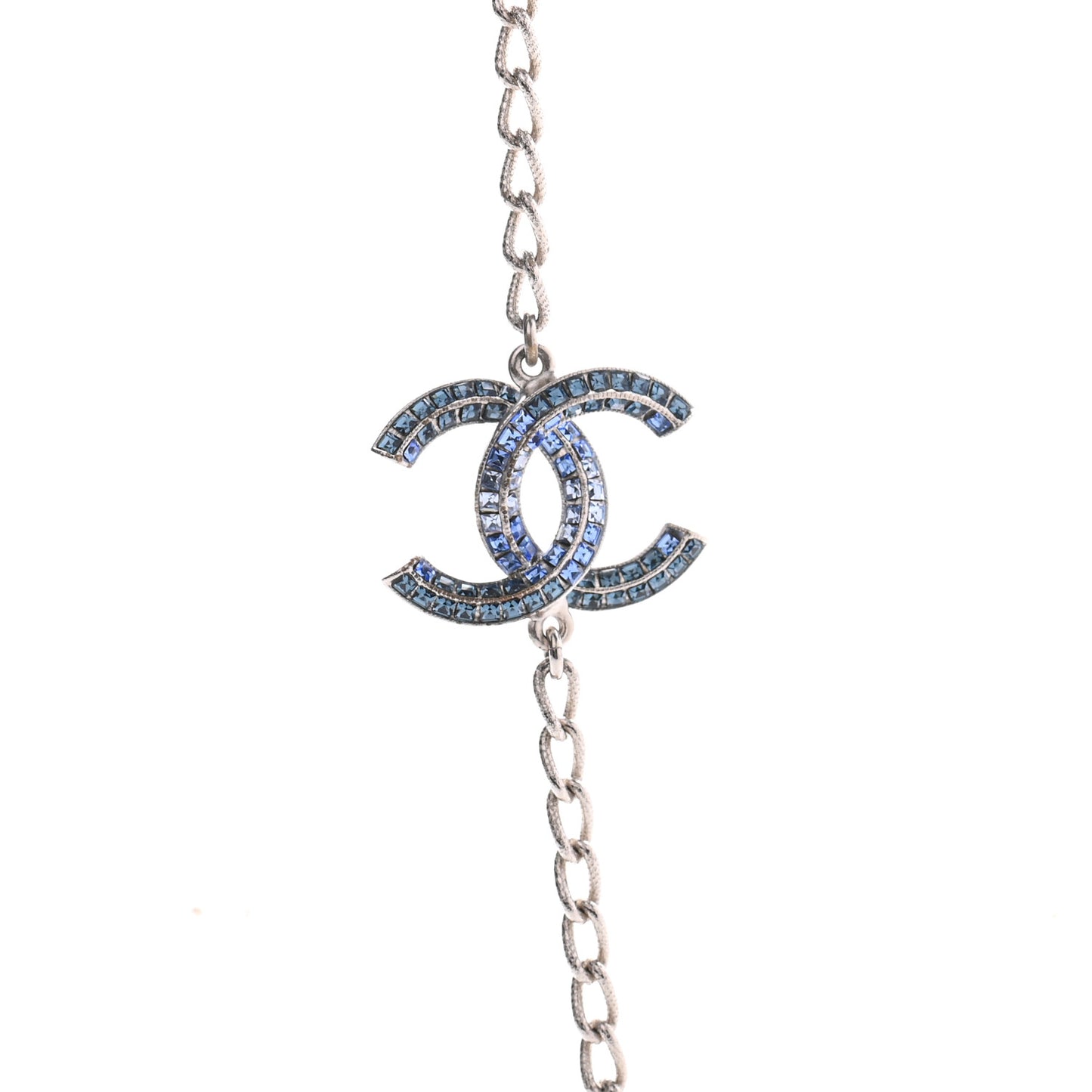 Crystal Baguette CC Double Strand Necklace Silver Blue