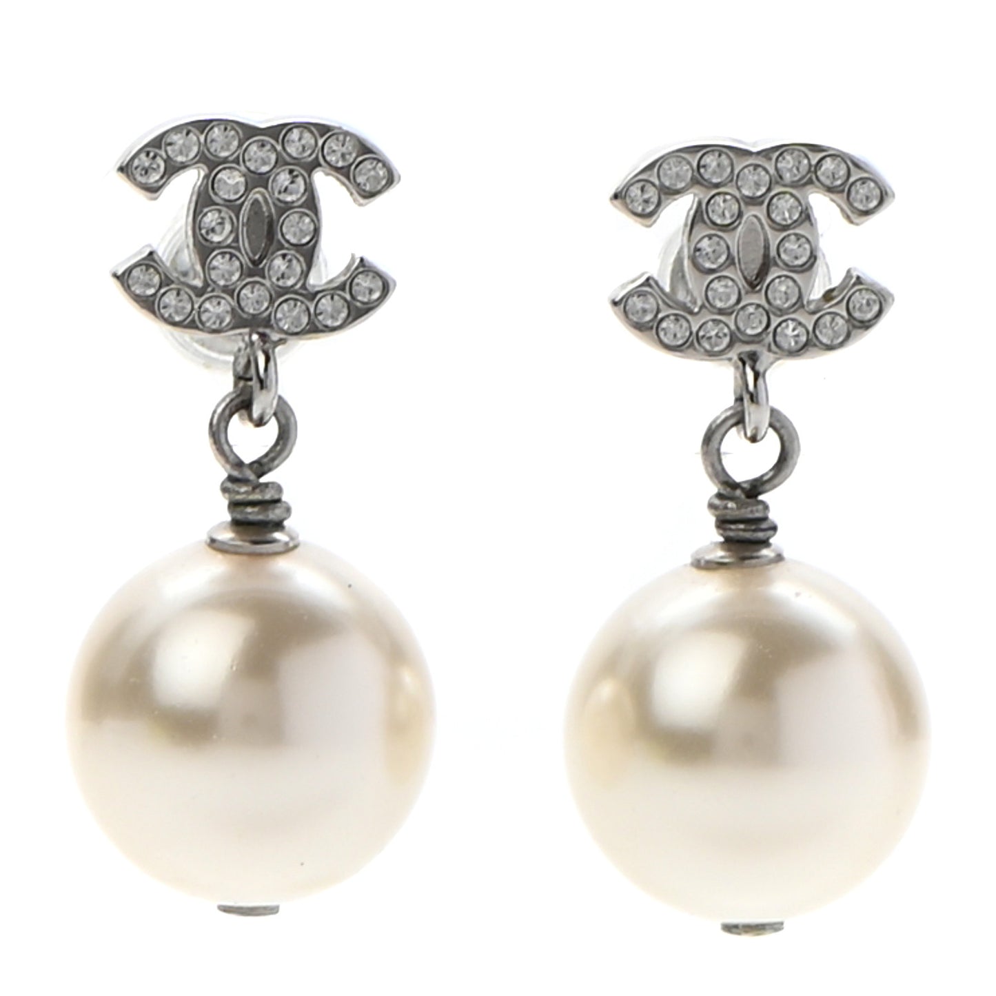 Crystal Pearl CC Drop Earrings Silver