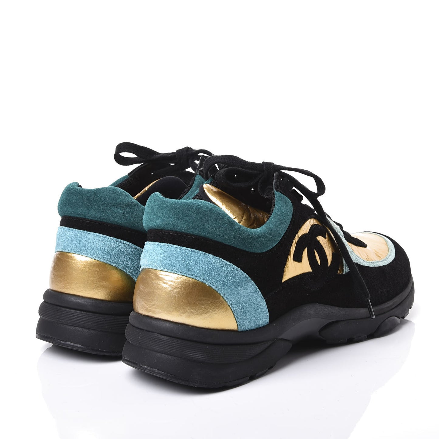 Fabric Calfskin Suede CC Womens Sneakers 38.5 Black Turquoise Gold