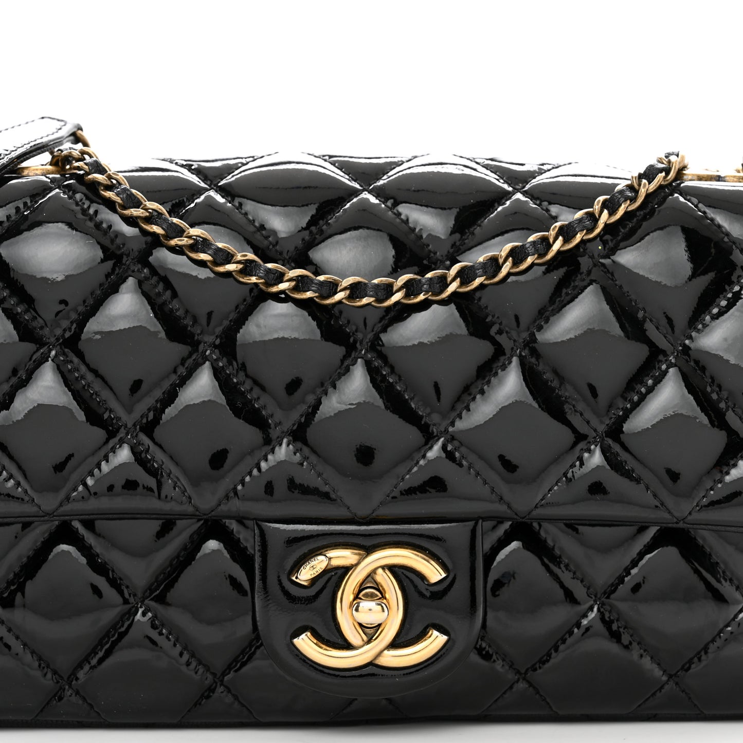 Patent Goatskin Quilted Medium CC Eyelet Flap Black