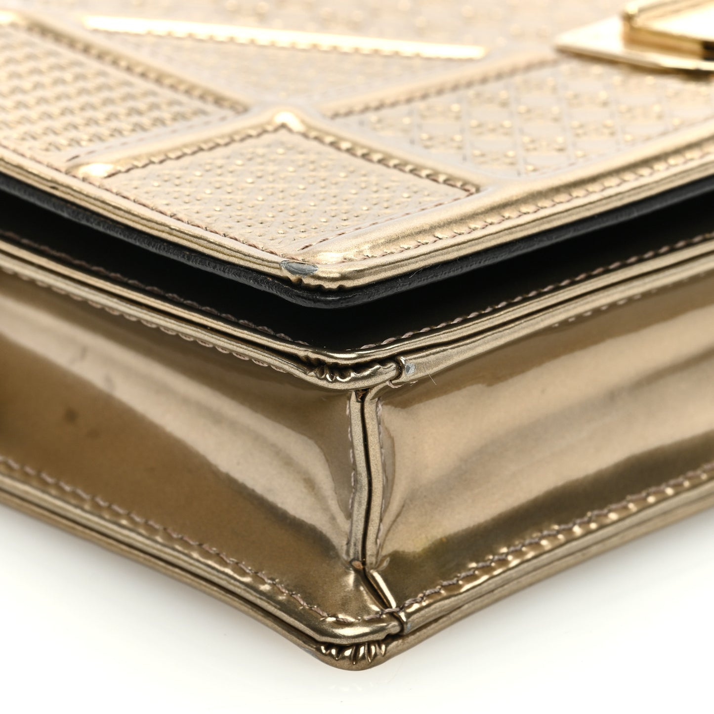Metallic Patent Micro-Cannage Diorama Wallet on Chain Pouch Gold