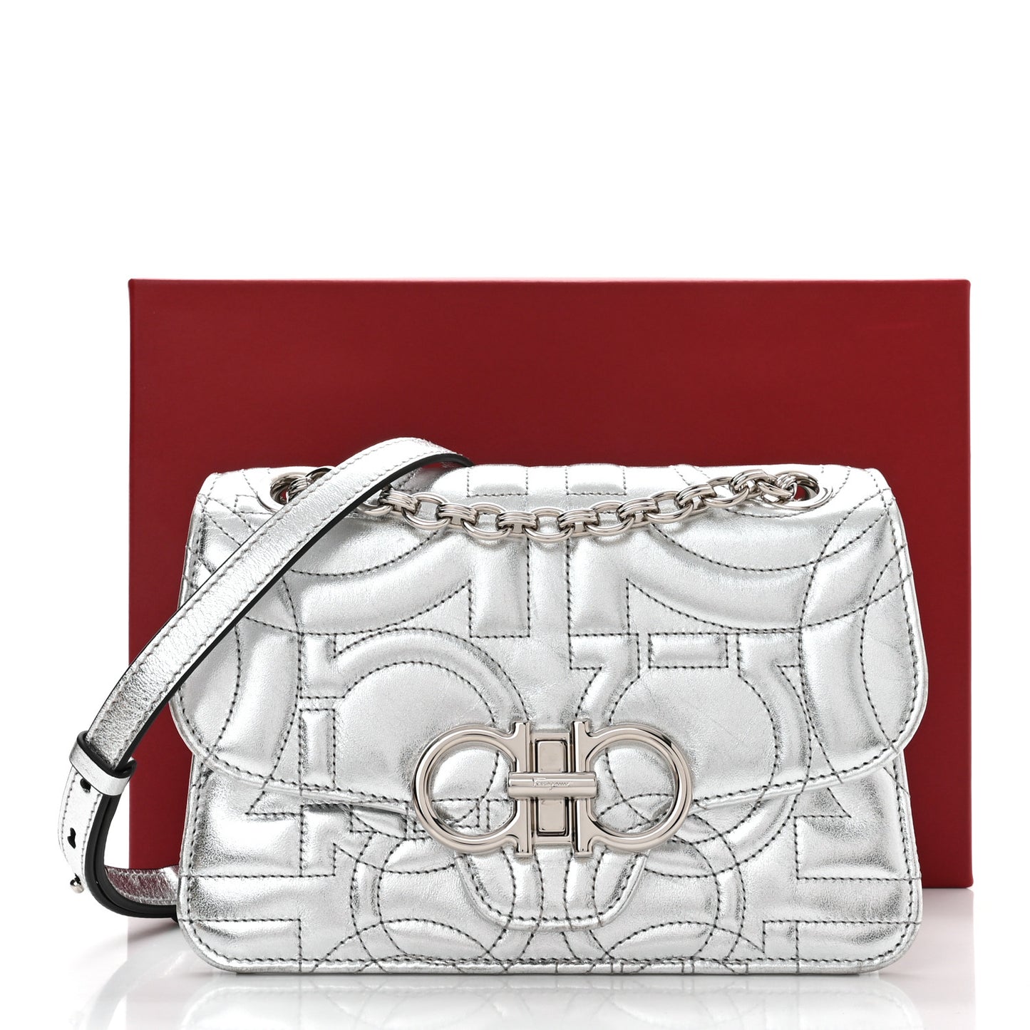 Calfskin Quilted Gancini Flap Bag Silver