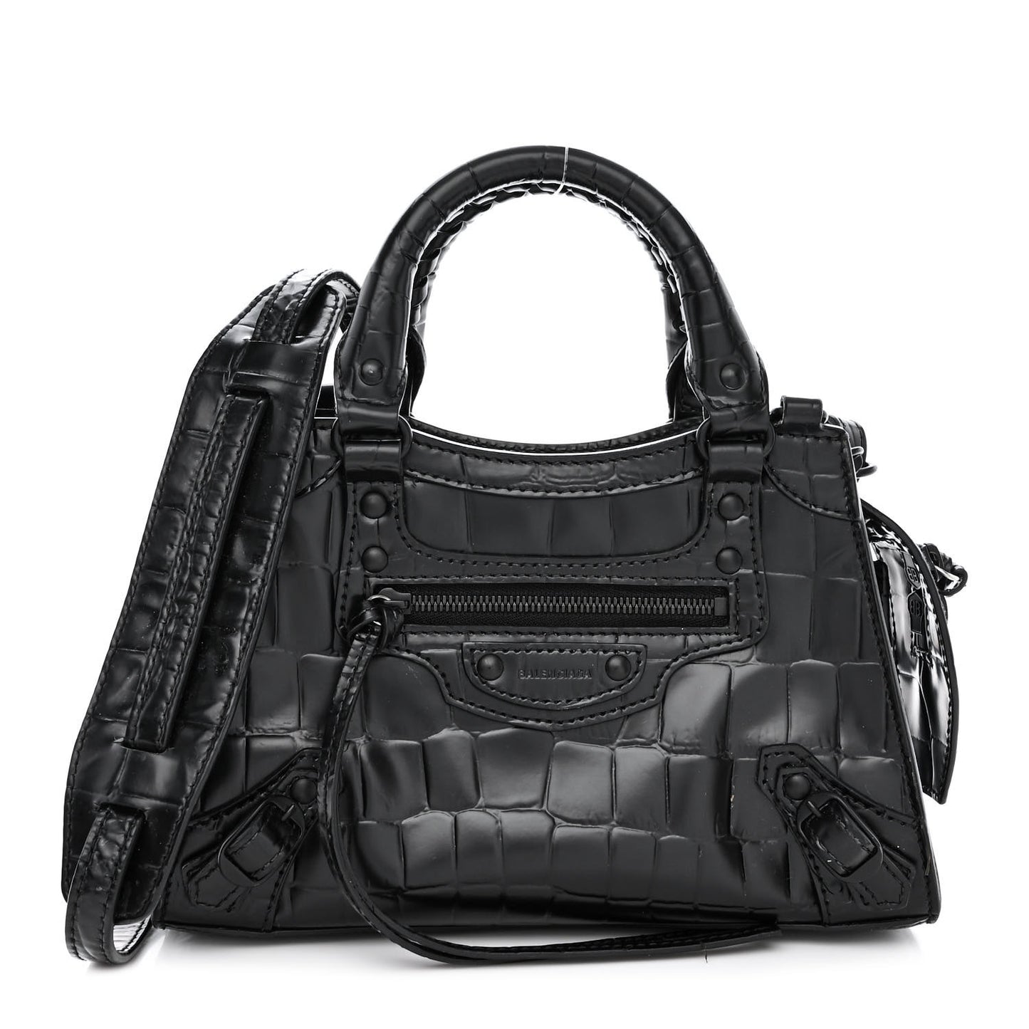 Semi Shiny Calfskin Crocodile Embossed Neo Classic Black Hardware Mini City Black