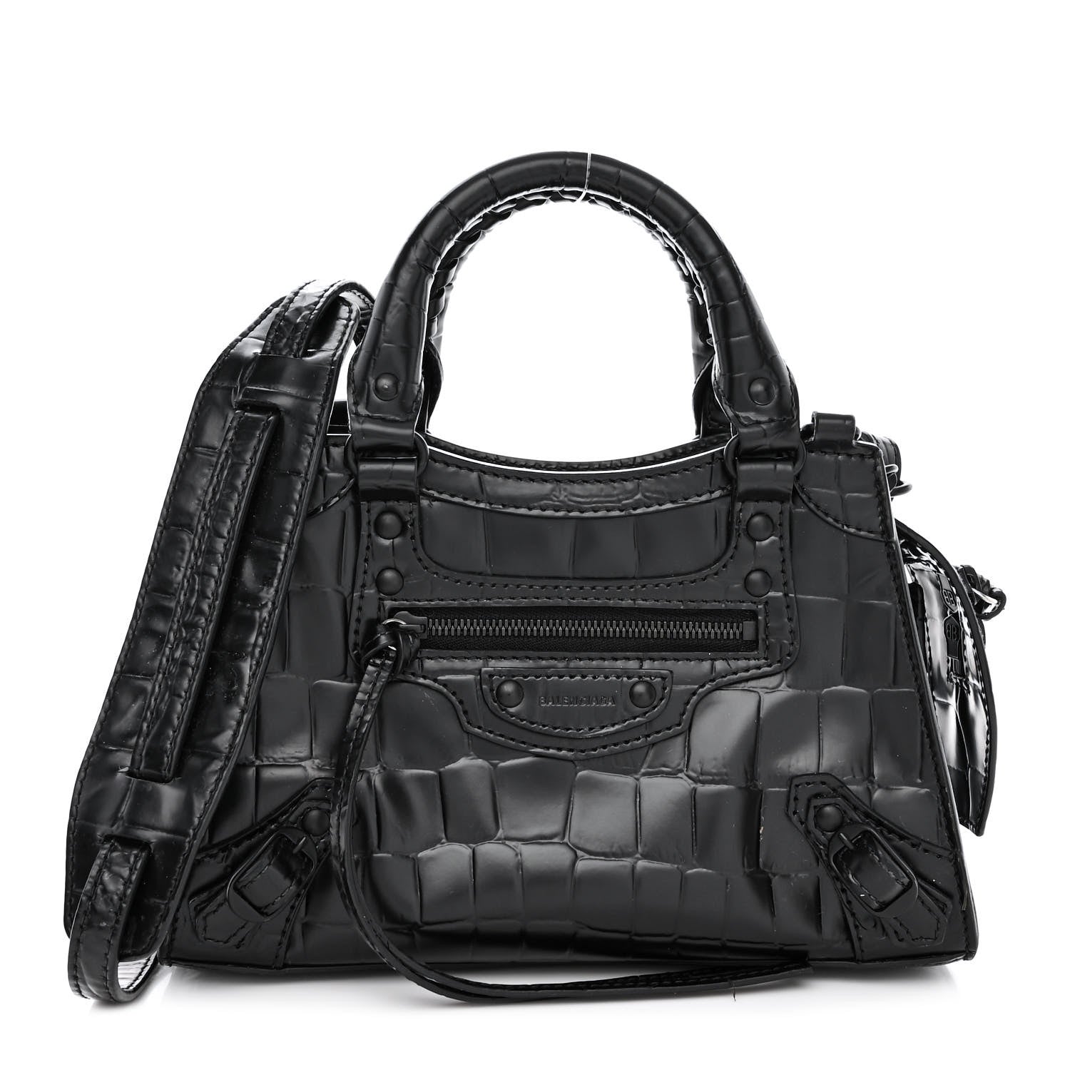 Balenciaga Semi Shiny Calfskin Crocodile Embossed Neo Classic Black Hardware Mini City Black 1 of 14