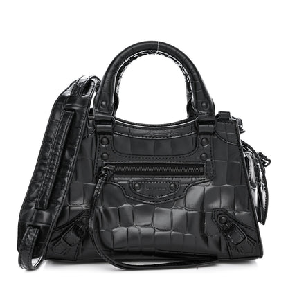 Balenciaga Semi Shiny Calfskin Crocodile Embossed Neo Classic Black Hardware Mini City Black 1 of 14