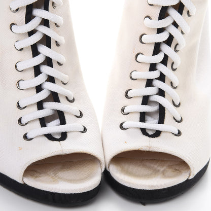 Chanel Canvas Lace Up Wedge Boots 37.5 White Black 18 of 18