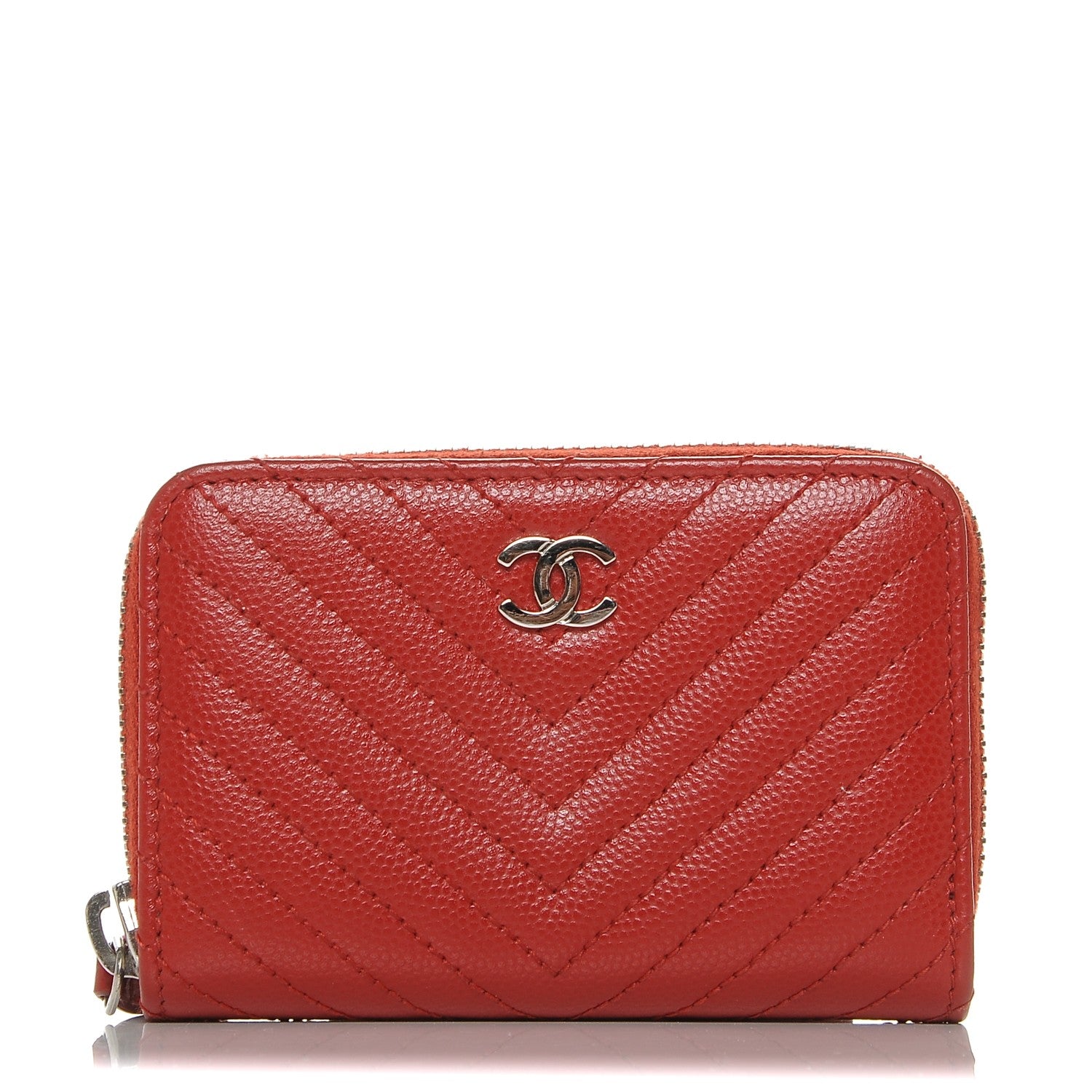 Chanel Caviar Chevron Quilted Zip Around Coin Purse Red 1 of 7
