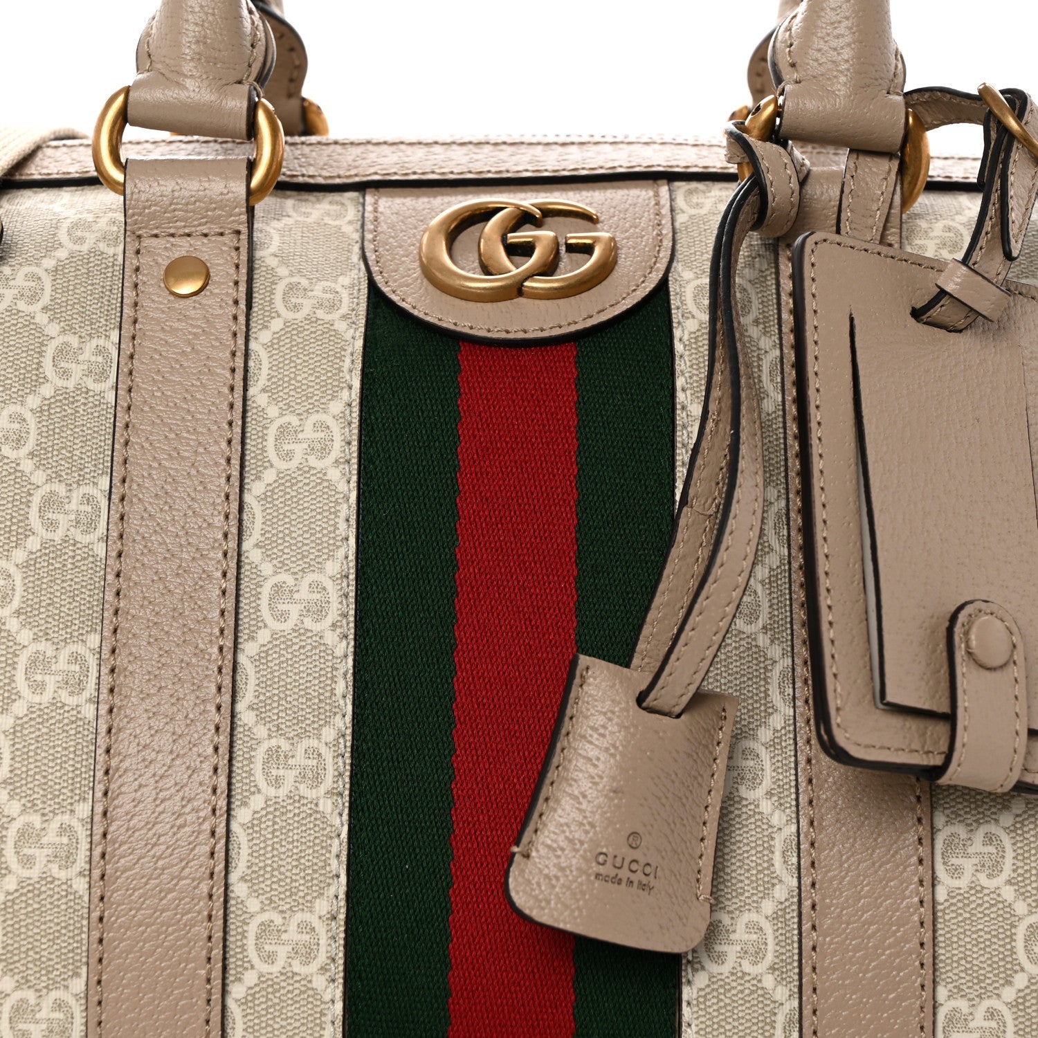 Gucci GG Supreme Monogram Textured Dollar Calfskin Web Medium Savoy Duffle Bag Beige Mystic White Oatmeal 7 of 10