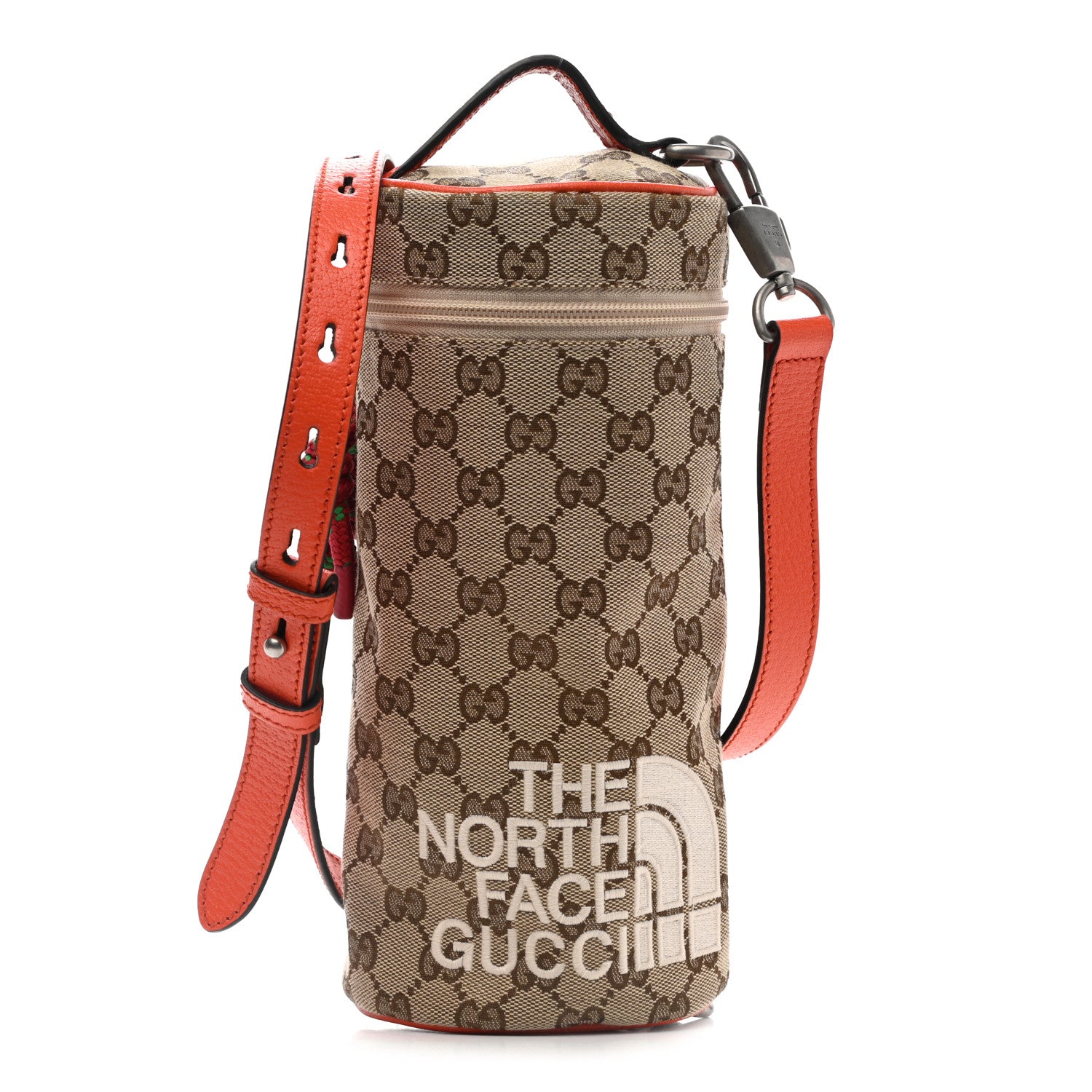 Gucci X THE NORTH FACE Monogram Textured Dollar Calfskin Barrel Shoulder Bag Beige Ebony Mystic White Deep Orange 1 of 12