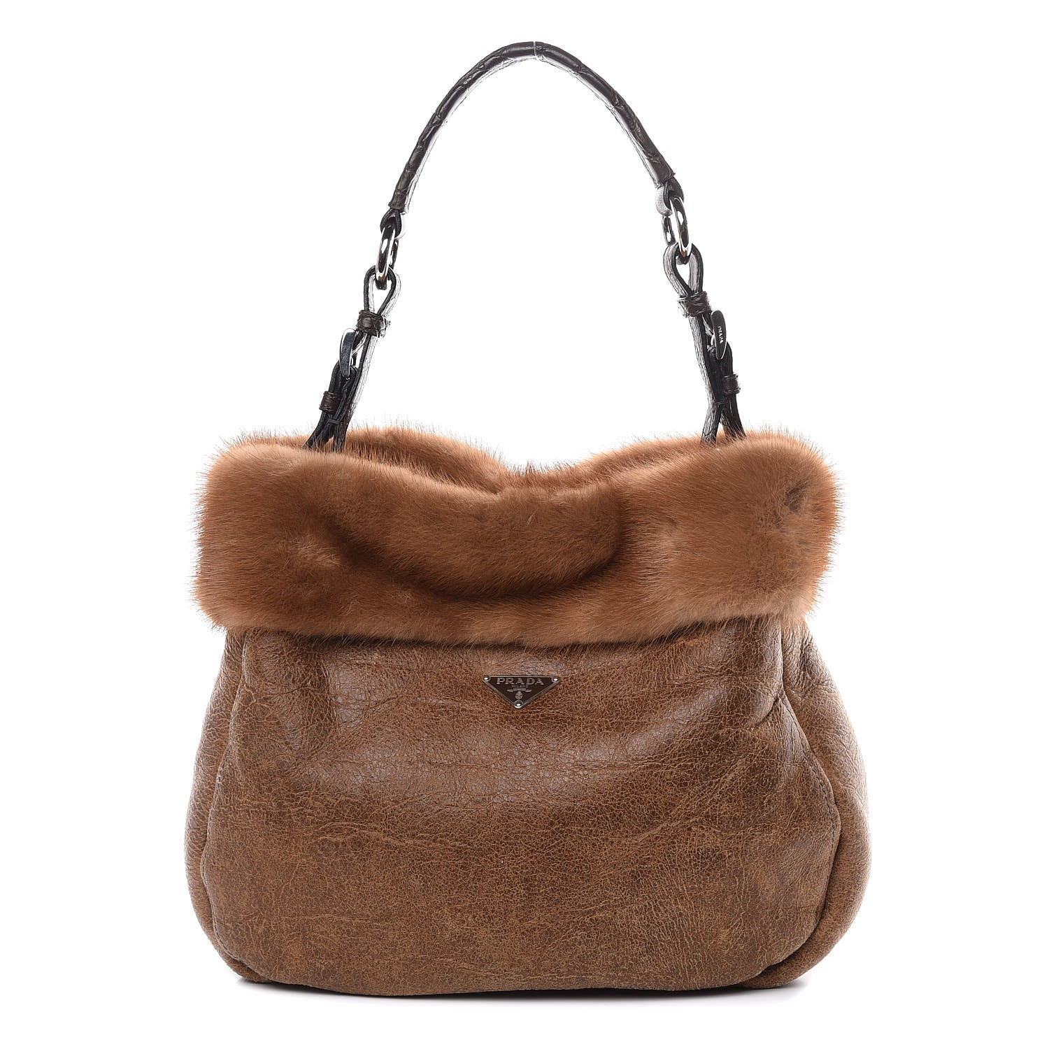 Prada Suede Shearling Mink Fur Crocodile Shoulder Bag Brown 1 of 19