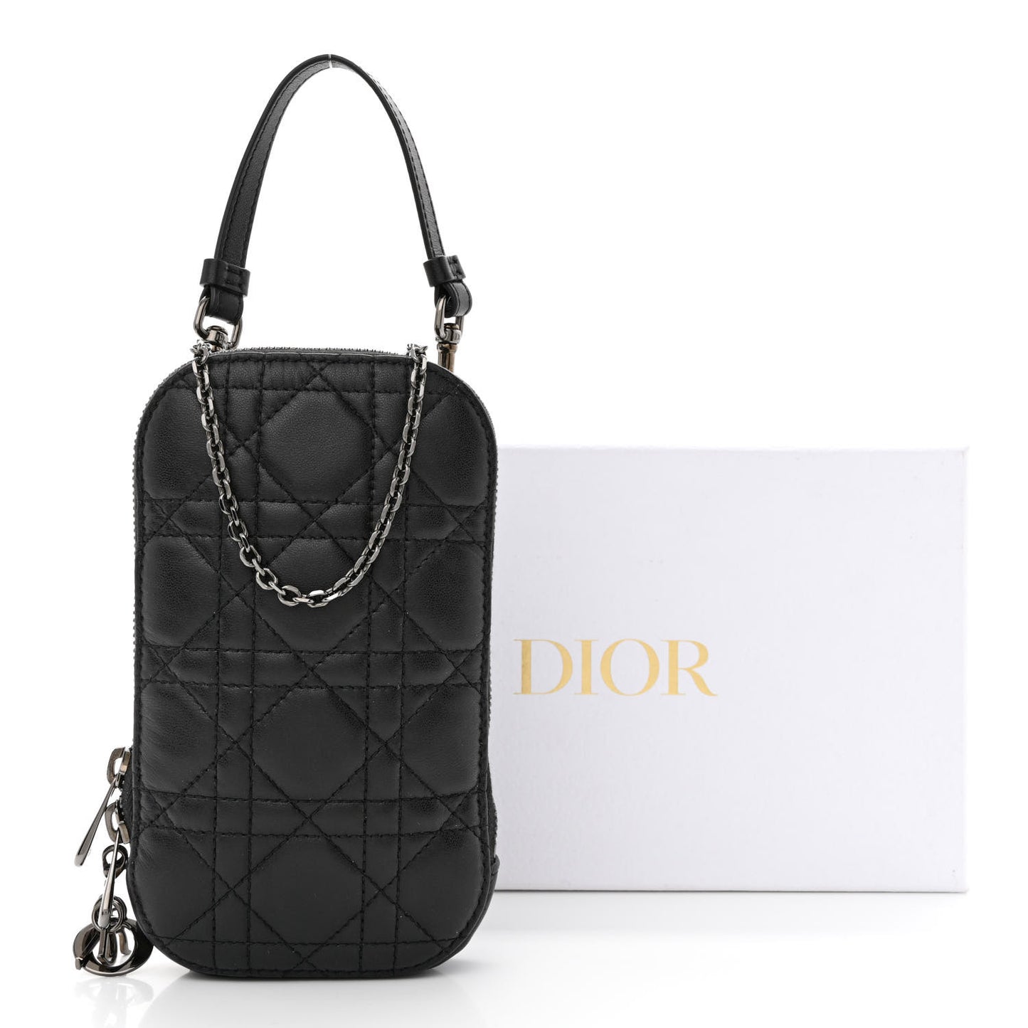 Lambskin Cannage Lady Dior Phone Holder Black
