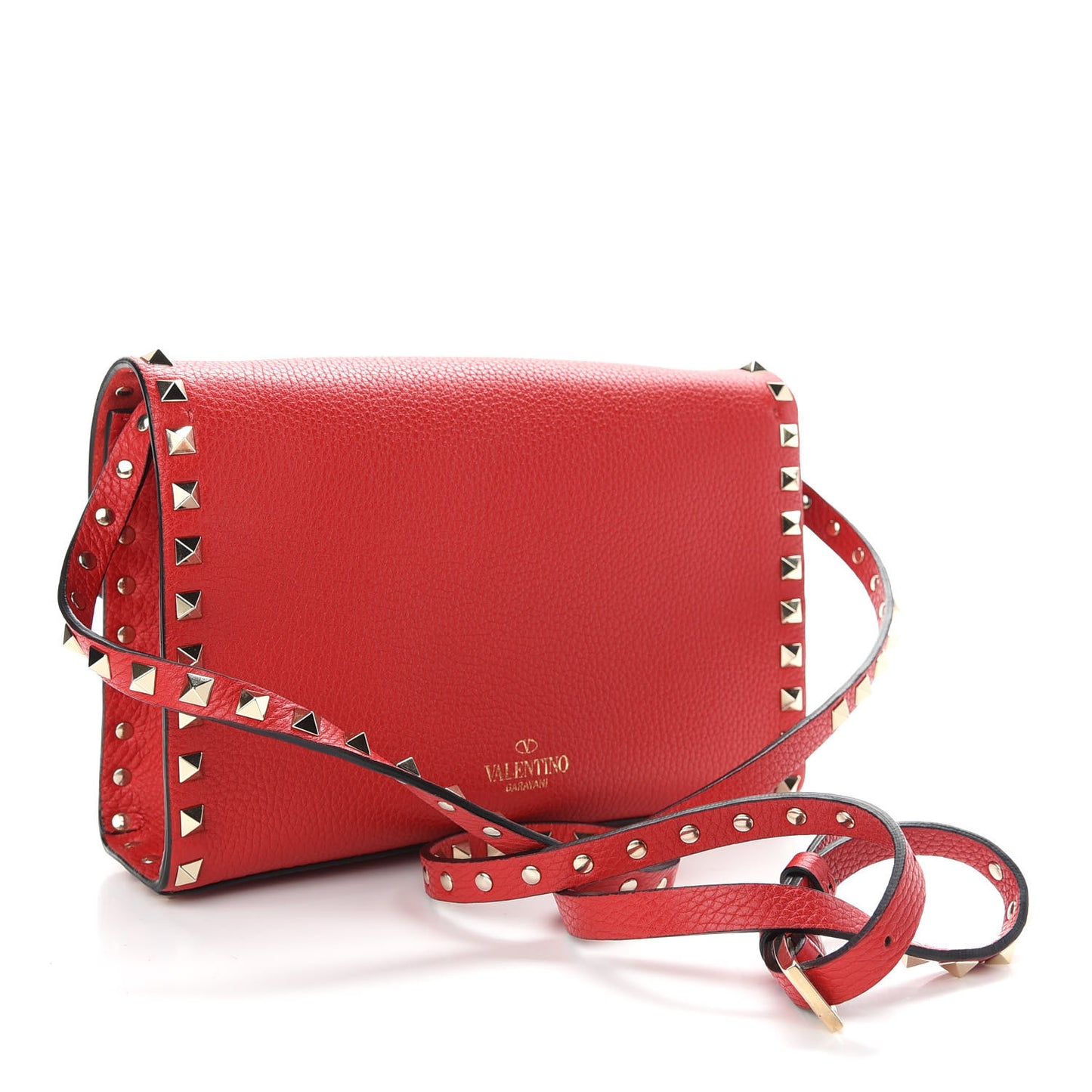 Pebbled Calfskin Medium Rockstud Flip Lock Crossbody Bag Red