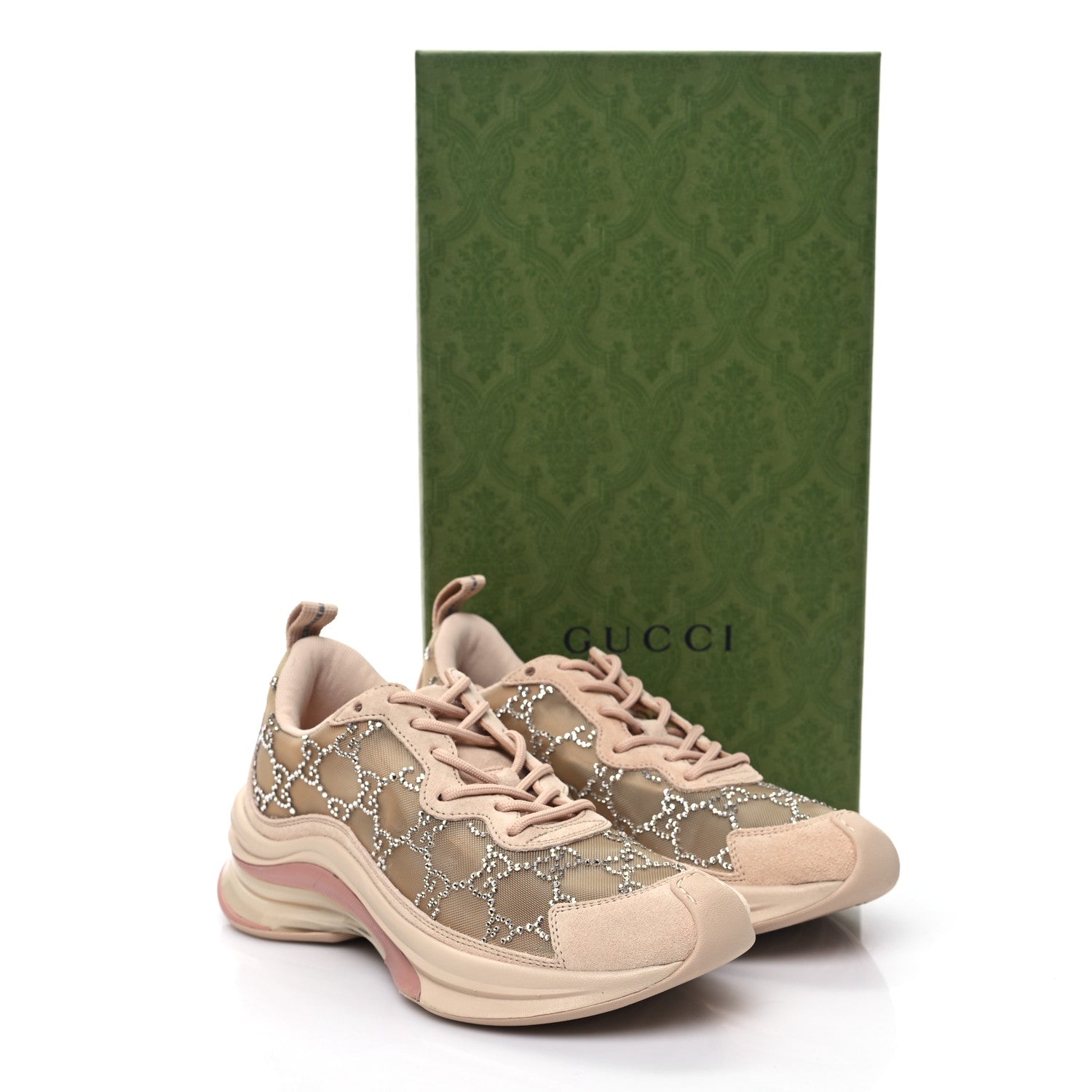 Gucci Tela Retino Mesh Crystal Suede GG Monogram Womens Gucci Run Sneakers 36.5 Light Powder Skin Rose Silver 3 of 8
