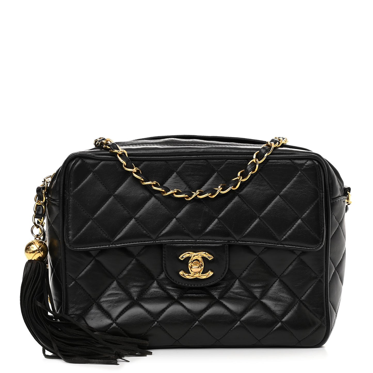 Lambskin Quilted Tassel Flap Camera Case Black
