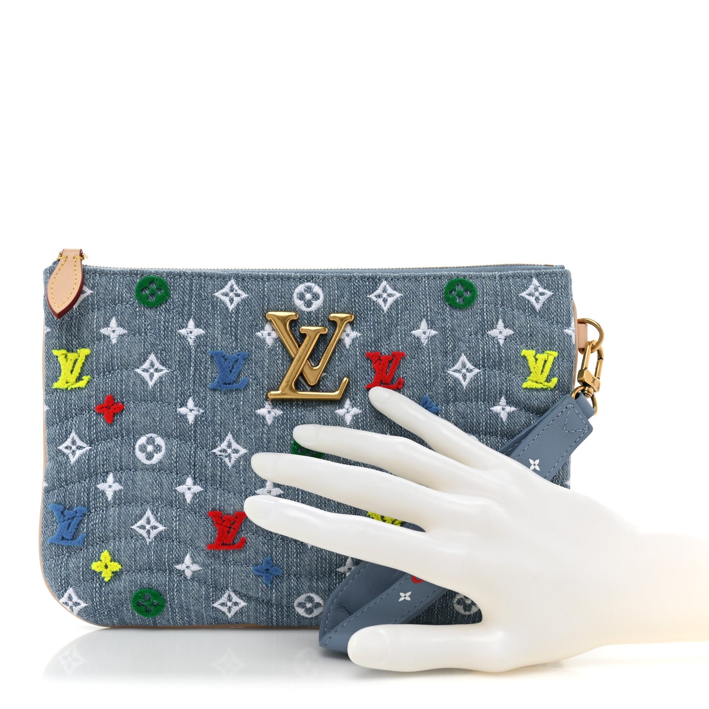 Embroidered Monogram Denim New Wave Zipped Pochette Blue