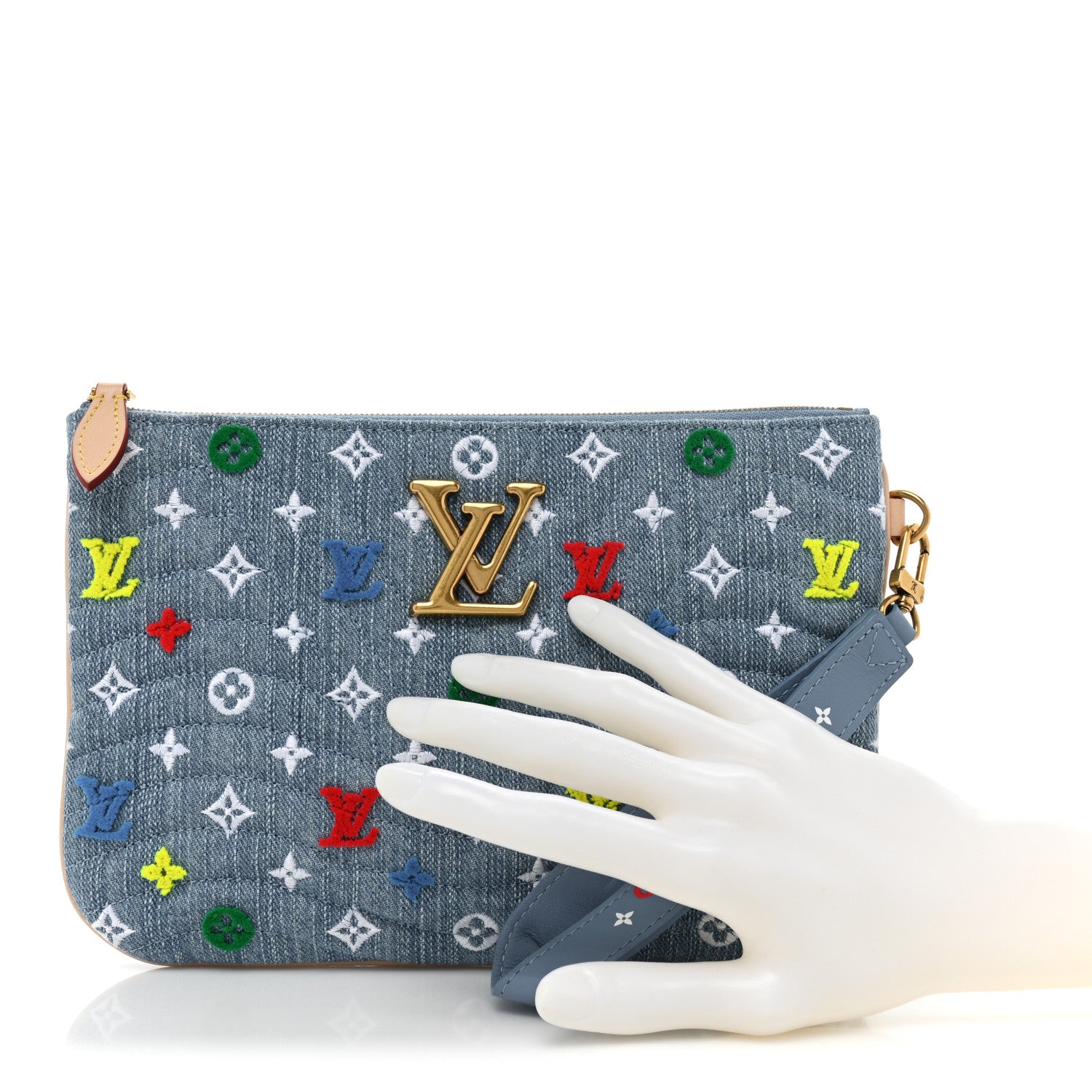 Louis Vuitton Embroidered Monogram Denim New Wave Zipped Pochette Blue 2 of 10