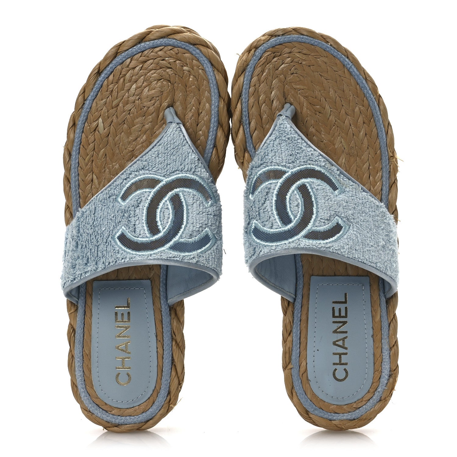 Chanel Terry Cloth Raffia CC Logo Thong Sandals 37 Blue 2 of 17