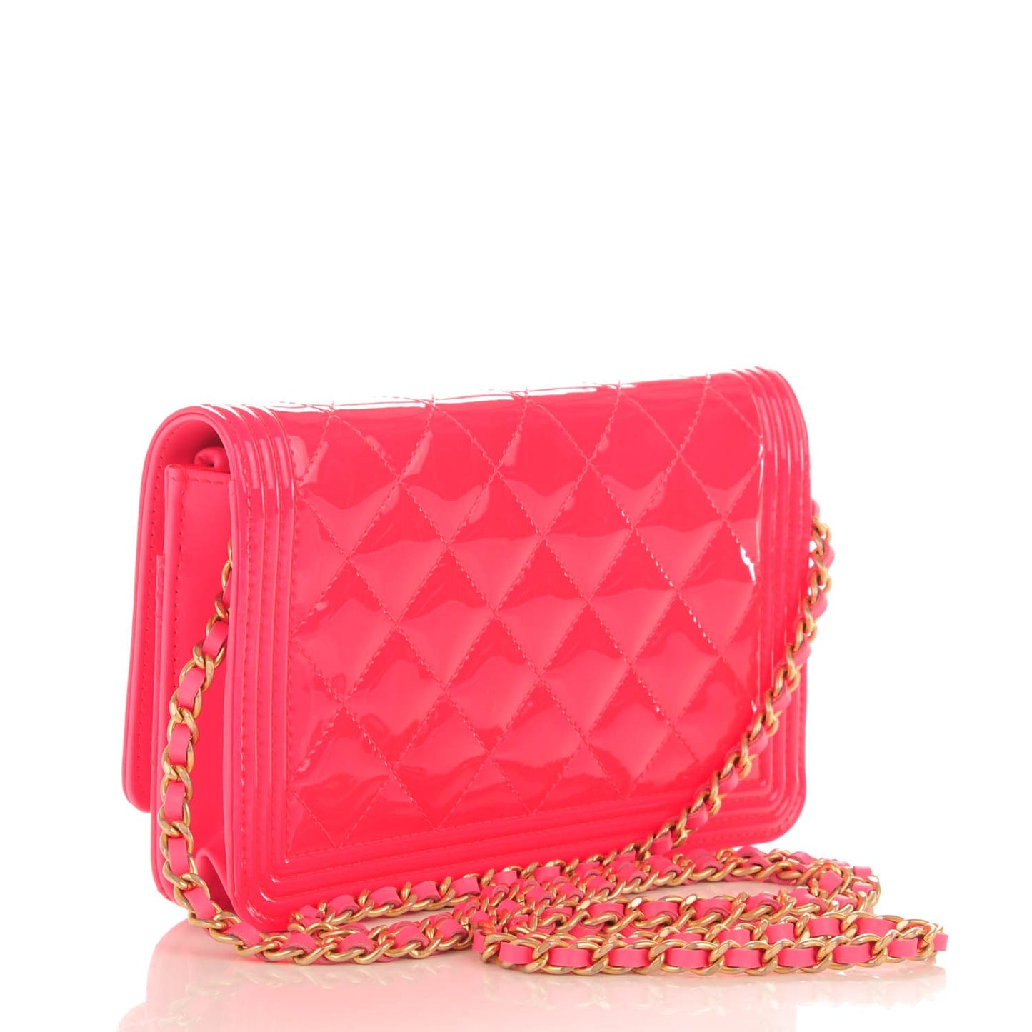 Patent Calfskin Quilted Boy Wallet On Chain WOC Pink