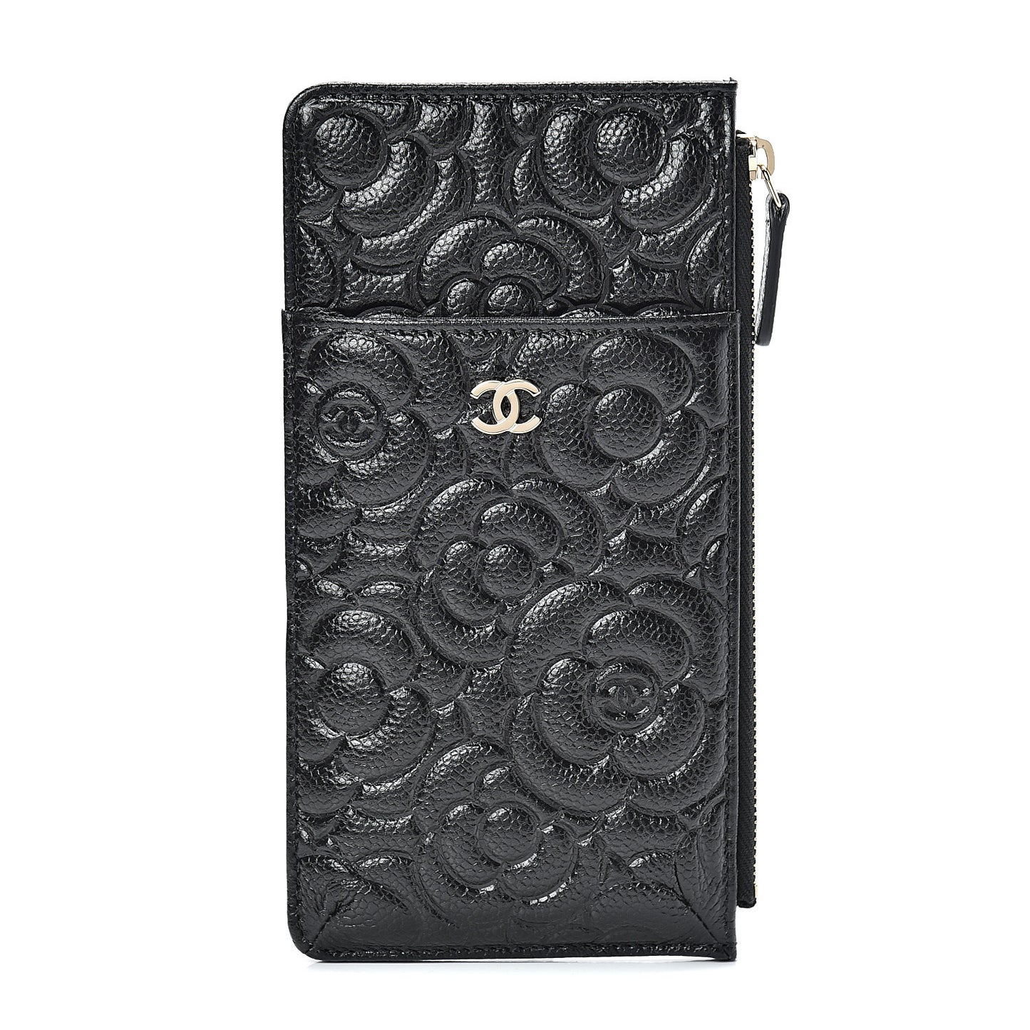 Caviar Camellia Embossed Classic Flat Wallet Pouch Black