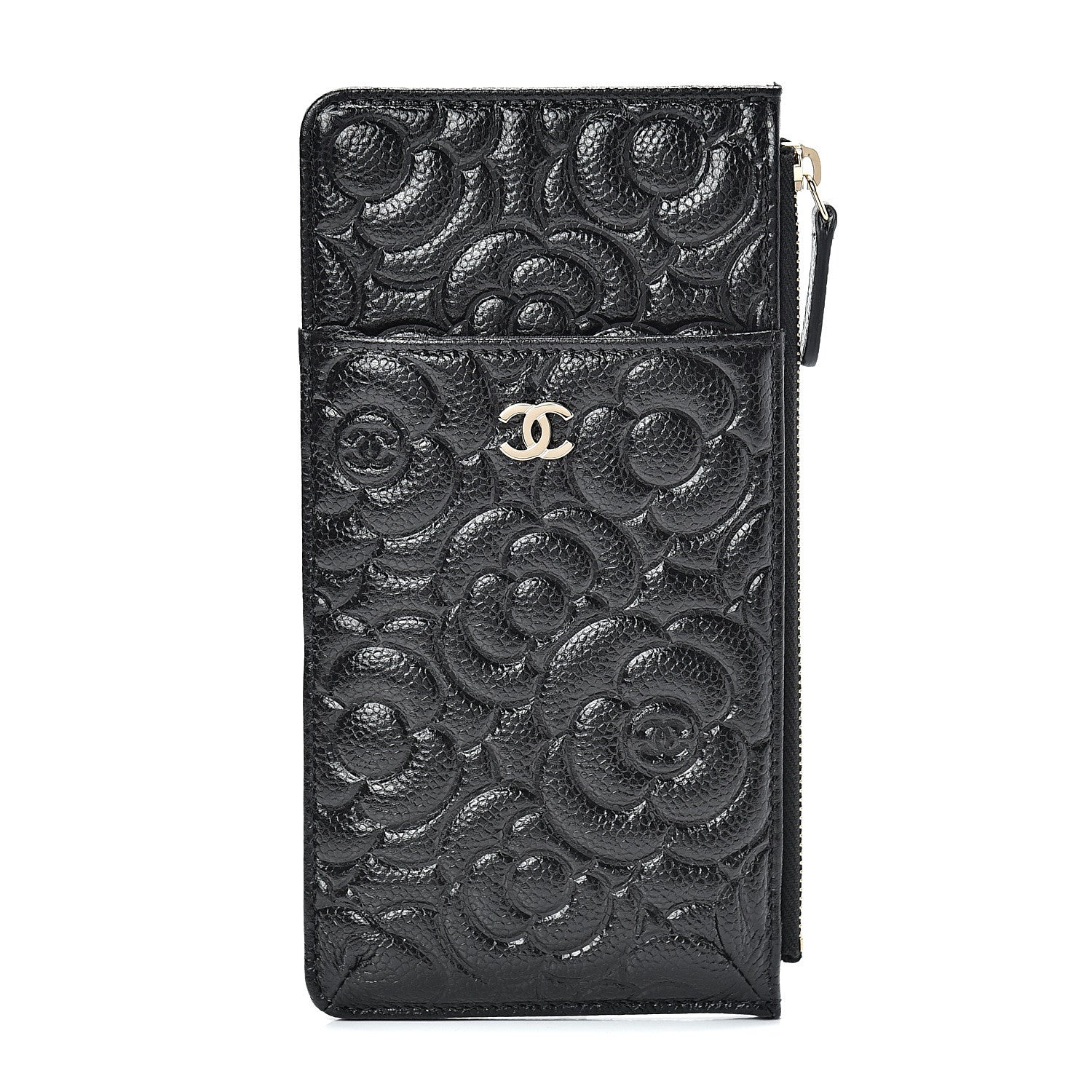 Chanel Caviar Camellia Embossed Classic Flat Wallet Pouch Black 1 of 7