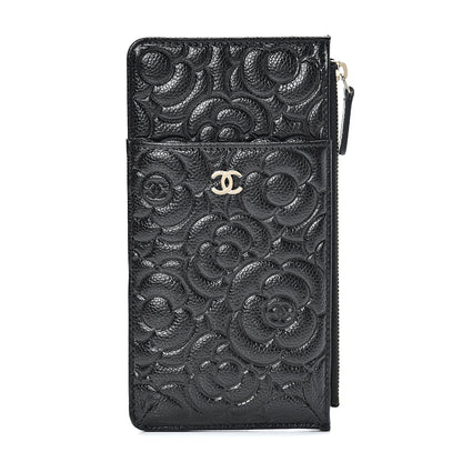 Chanel Caviar Camellia Embossed Classic Flat Wallet Pouch Black 1 of 7