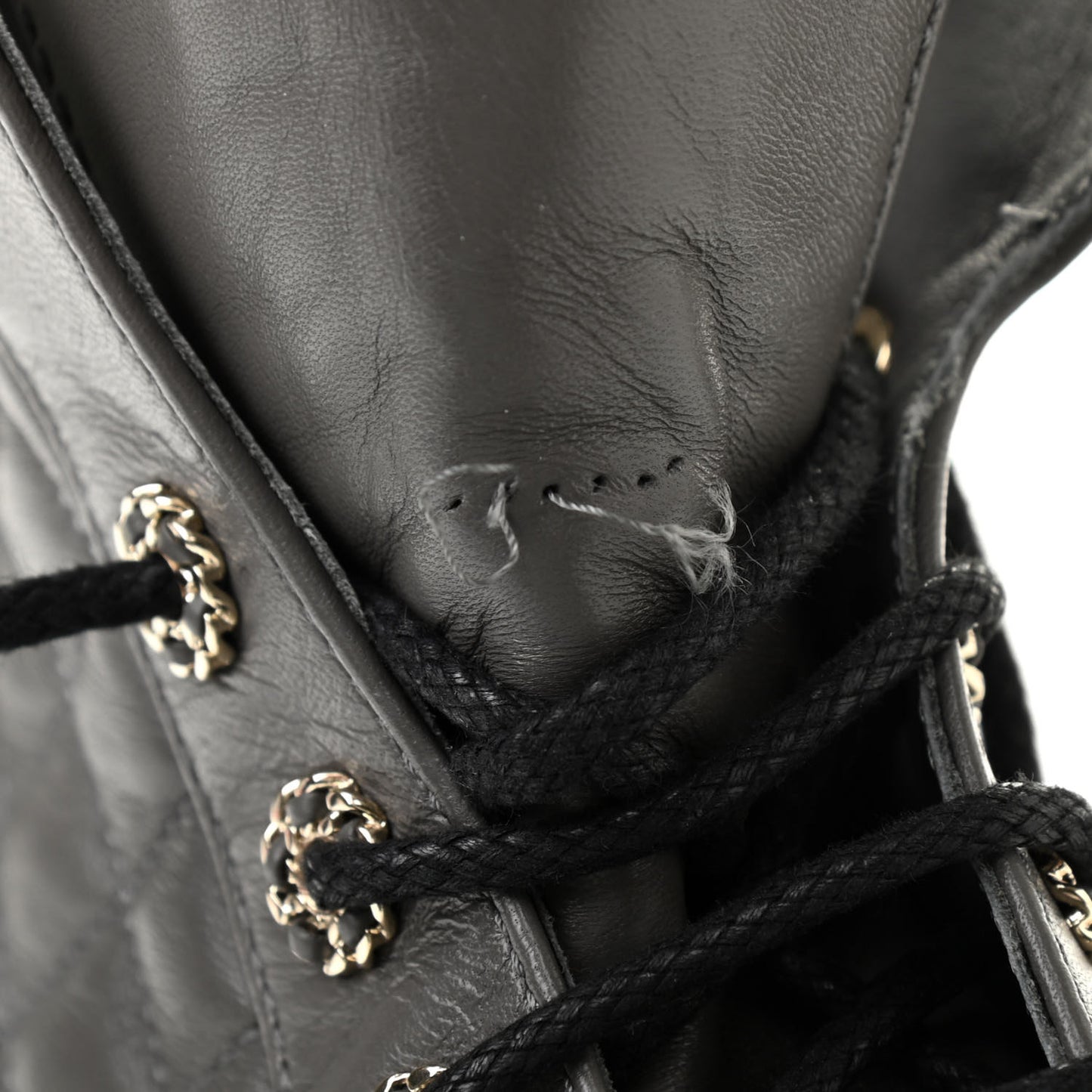 Shiny Lambskin Quilted Lace Up Combat Boots 36.5 Grey Black