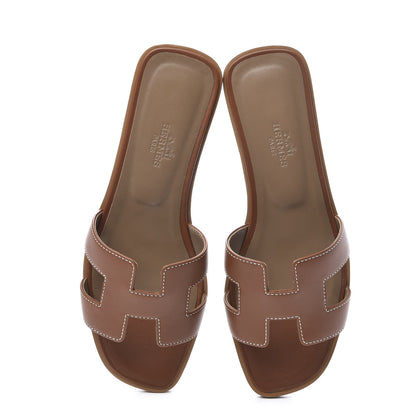 Hermes Box Calfskin Oran Sandals 36.5 Gold 5 of 12