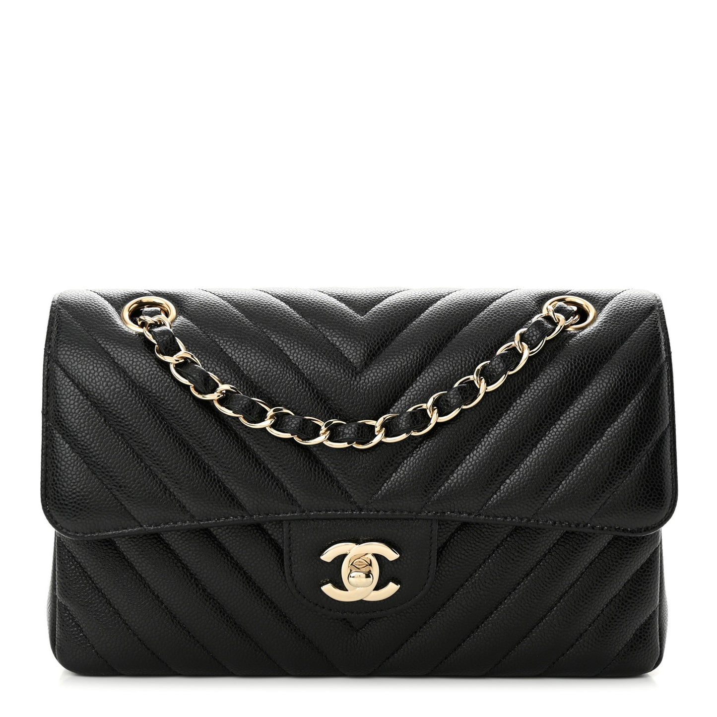 Caviar Chevron Quilted Small Double Flap Black