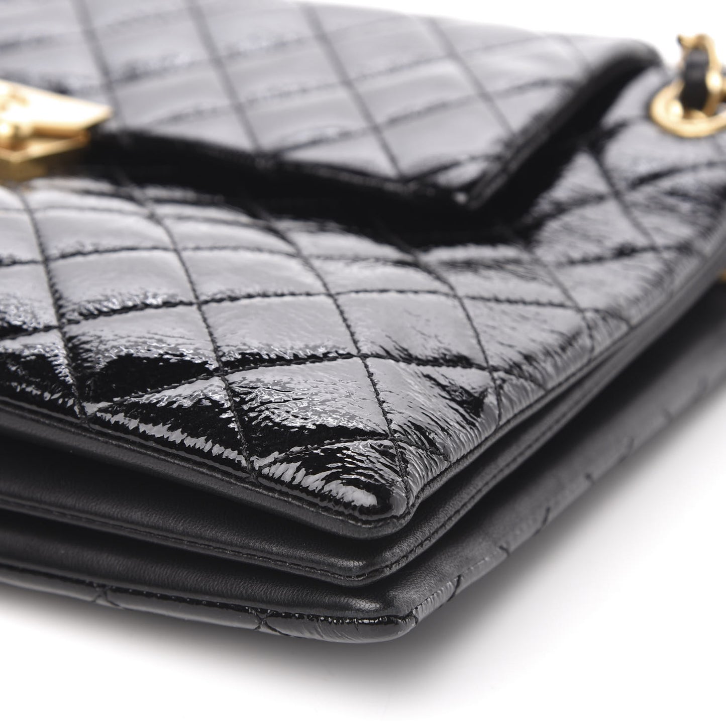 Patent Goatskin Quilted 3 Pocket Accordion Flap Black