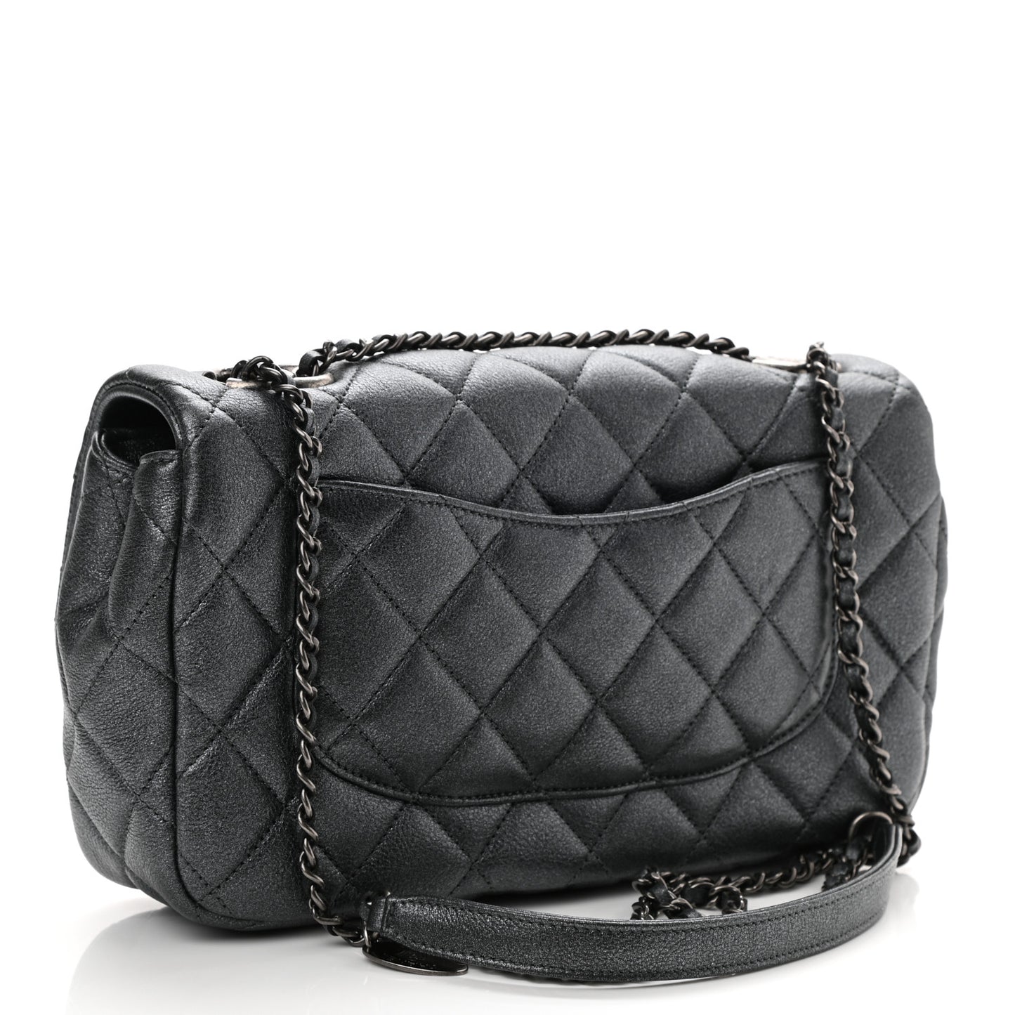Metallic Calfskin Quilted Medium CC Eyelet Flap Dark Silver